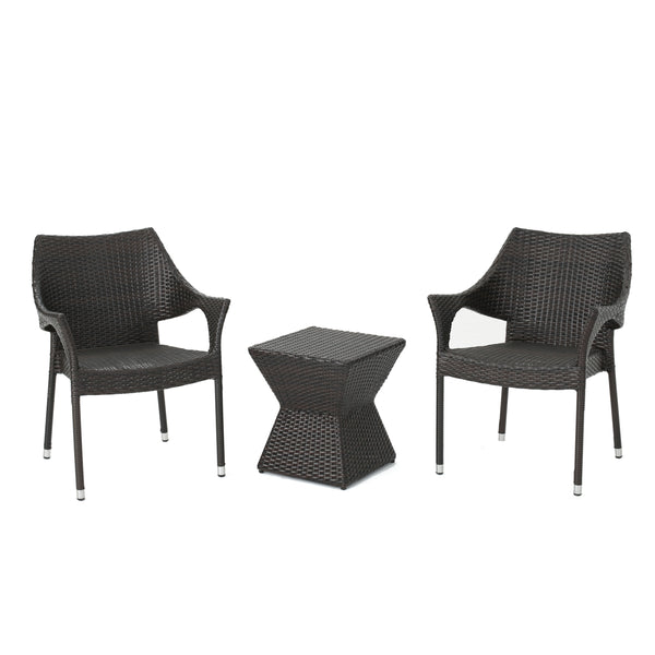 gdf studio Arlost Outdoor 3 Piece Multi-Brown Wicker Chat Set with Stacking Chairs