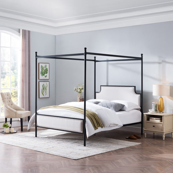 Gdf Studio Asa Queen Size Iron Canopy Bed Frame With Upholstered Studded Headboard