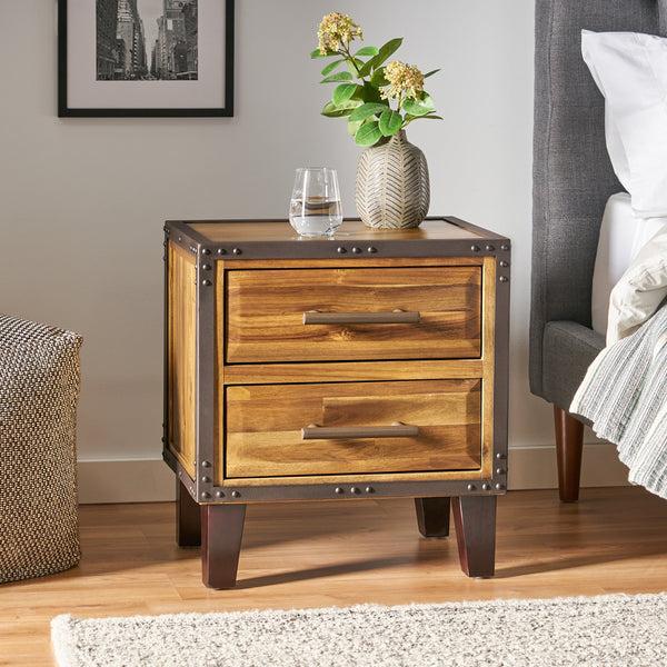 Gdf Studio Ashlar Industrial Two-Drawer Natural Finish Acacia Wood Night Stand