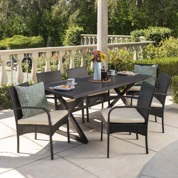 Gdf Studio Ashwood Outdoor 7 Piece Brown Aluminum Dining Set With Multi-brown Chairs