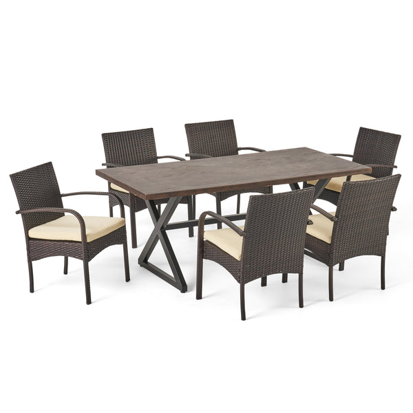 gdf studio Ashwood Outdoor 7 Piece Brown Aluminum Dining Set with Multi-brown Chairs