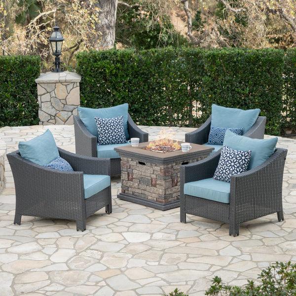 Gdf Studio Aspen Outdoor 5 Piece Gray Wicker Chat Set With Stone Finished Fire Pit