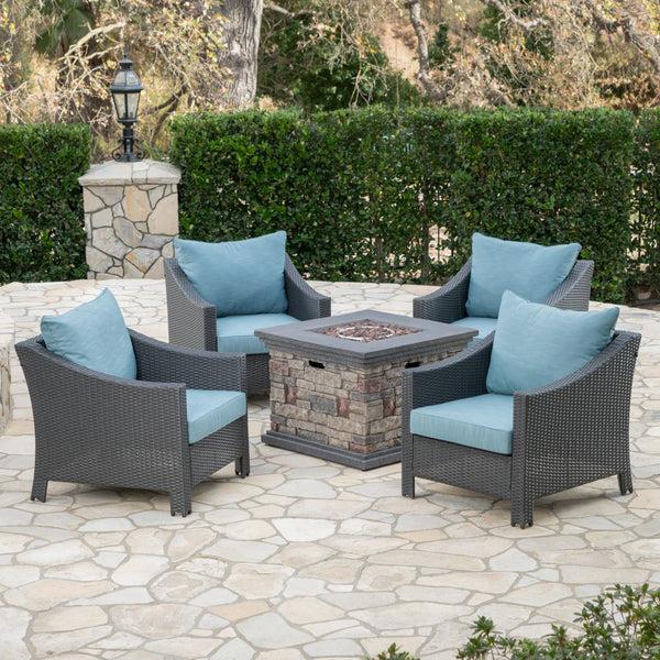 Gdf Studio Aspen Outdoor 5 Piece Gray Wicker Chat Set With Stone Finished Fire Pit