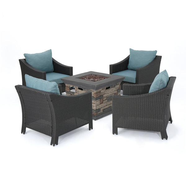gdf studio Aspen Outdoor 5 Piece Gray Wicker Chat Set with Stone Finished Fire Pit