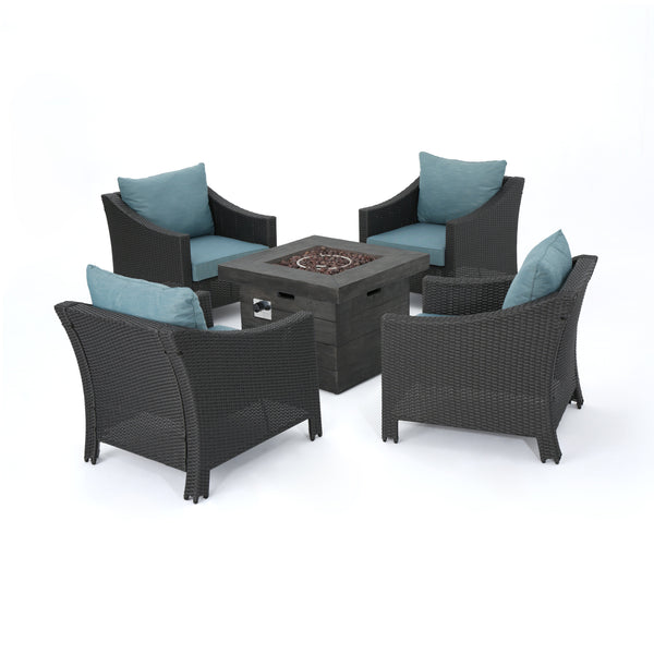 gdf studio Aspen Outdoor 5 Piece Wicker Water Resistant Cushion Chat Set with Fire Pit