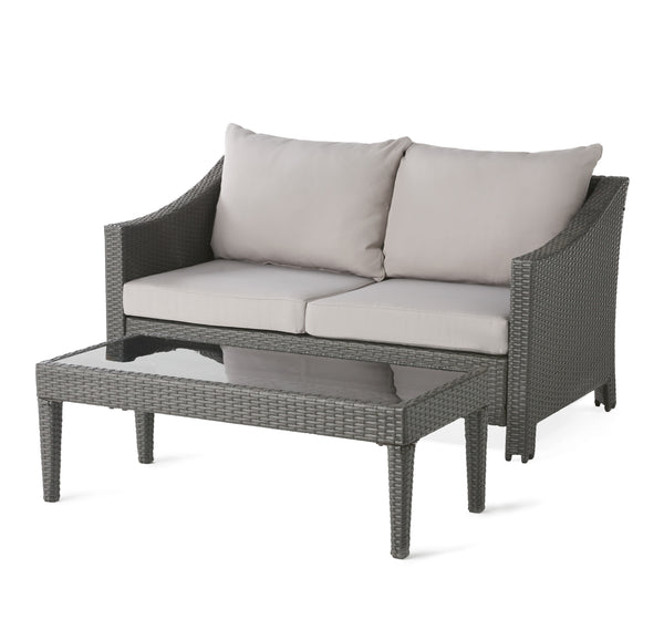 Gdf Studio Aspen Outdoor Wicker Loveseat And Coffee Table With Cushions