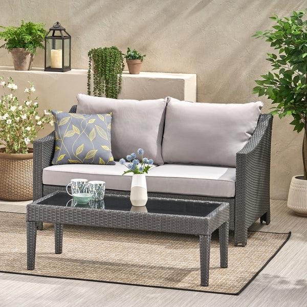 Gdf Studio Aspen Outdoor Wicker Loveseat And Coffee Table With Cushions