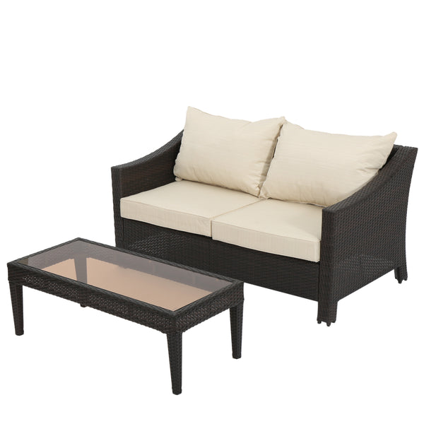 gdf studio Aspen Outdoor Wicker Loveseat and Coffee Table with Cushions