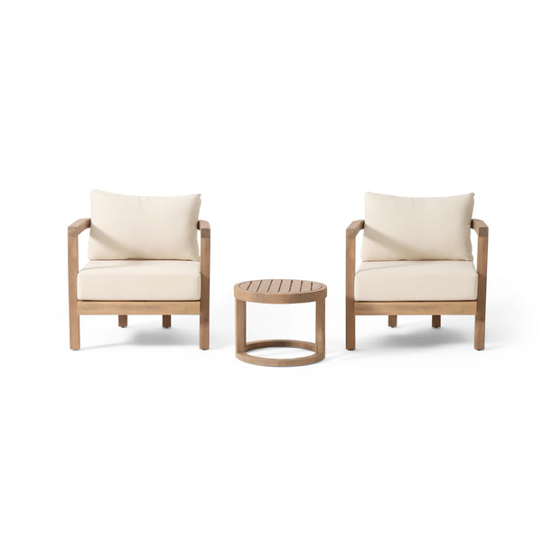 gdf studio Aston Outdoor Acacia Wood 3 Piece Chat Set with Cushions Beige and Brown Wash