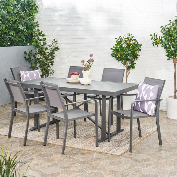 Gdf Studio Atkinson Outdoor Modern Industrial Aluminum 7 Piece Dining Set With Mesh Seating