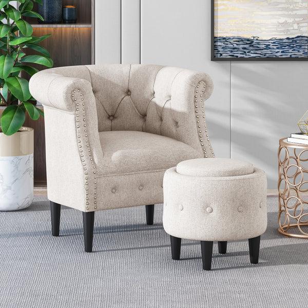 Gdf Studio Atticus Chesterfield Style Tufted Fabric Accent Chair And Ottoman Set