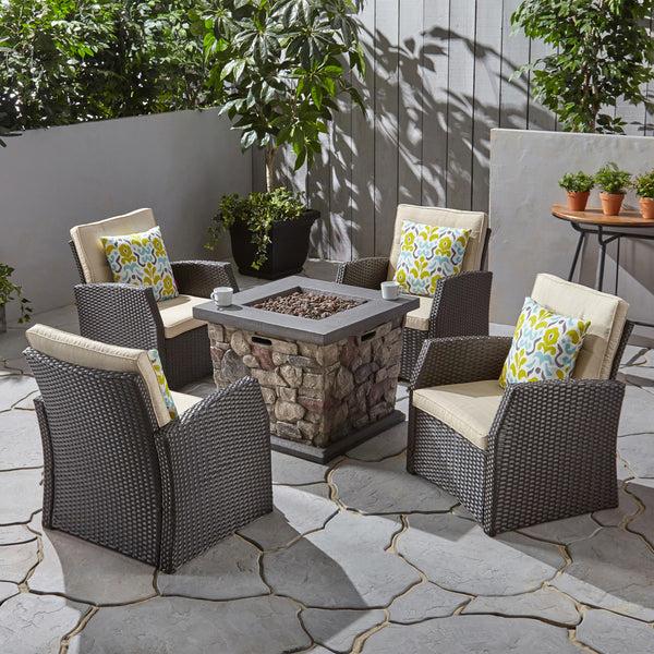 Gdf Studio Audrielle Outdoor 4 Seater Wicker Chat Set With Fire Pit
