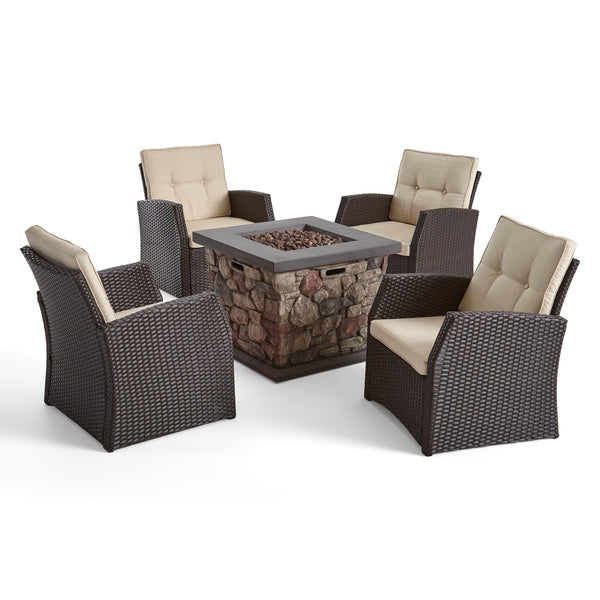 gdf studio Audrielle Outdoor 4 Seater Wicker Chat Set with Fire Pit