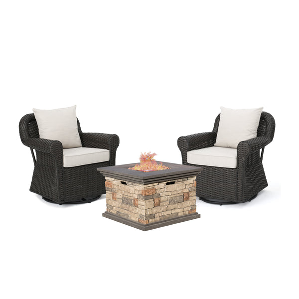 gdf studio Augusta Outdoor 3 Piece Wicker Rocker and Gas Firepit Set