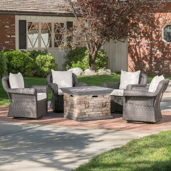 Gdf Studio Augusta Outdoor 5 Piece Wicker Rocker And Gas Firepit Set