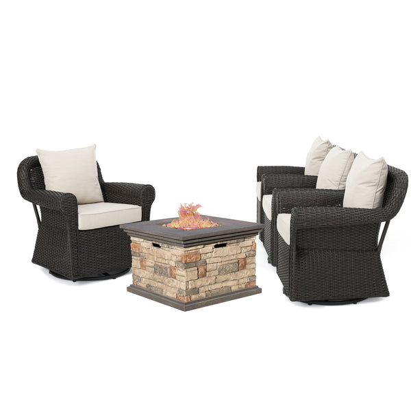 gdf studio Augusta Outdoor 5 Piece Wicker Rocker and Gas Firepit Set