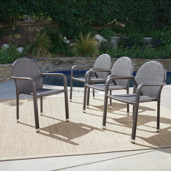 Gdf Studio Ava Outdoor Wicker Armed Stack Chairs With Aluminum Frame (Set Of 4)
