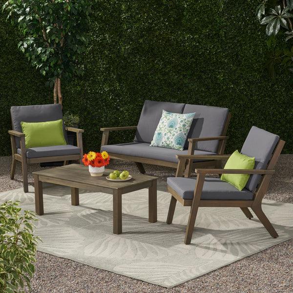 Gdf Studio Avacyn Outdoor Acacia Wood 4 Seater Chat Set With Cushions