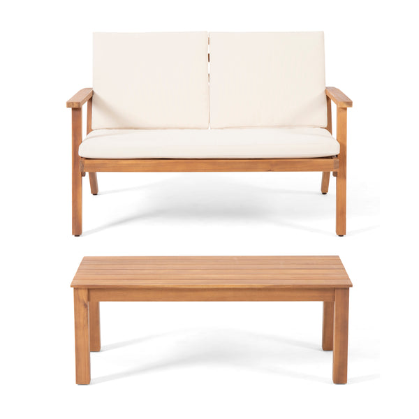 gdf studio Avacyn Outdoor Acacia Wood Loveseat and Coffee Table Set with Cushions Brown Patina Cream