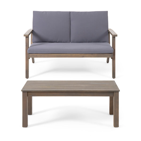 gdf studio Avacyn Outdoor Acacia Wood Loveseat and Coffee Table Set with Cushions Gray Dark Gray