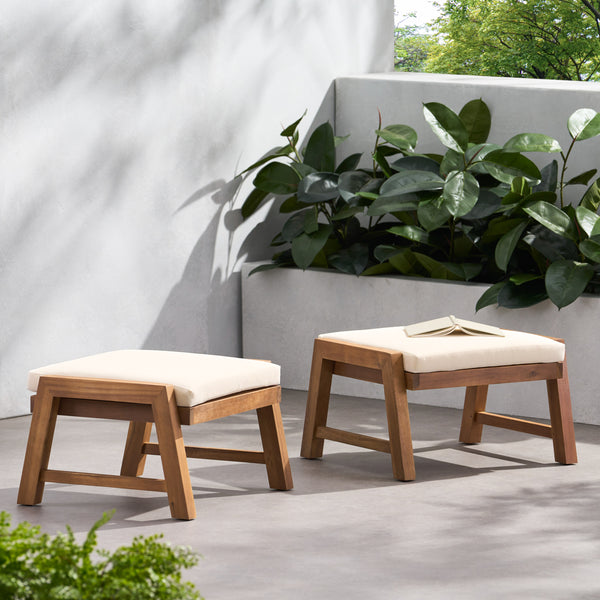 Gdf Studio Avacyn Outdoor Acacia Wood Ottomans With Cushion Set Of 2