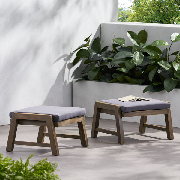 gdf studio Avacyn Outdoor Acacia Wood Ottomans with Cushion Set of 2