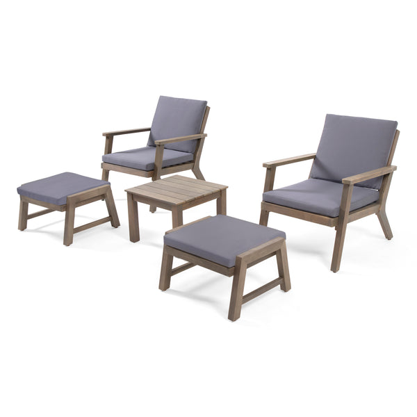 Gdf Studio Avacyn Outdoor Mid-Century Modern Acacia Wood 2 Seater Chat Set With Ottomans