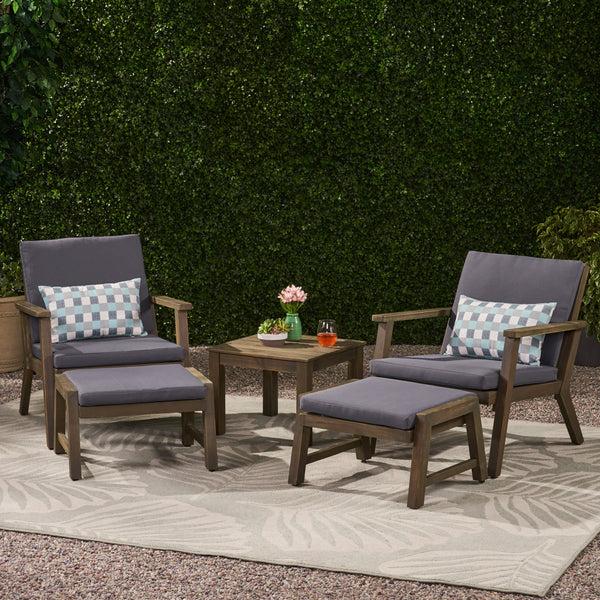 gdf studio Avacyn Outdoor Mid-Century Modern Acacia Wood 2 Seater Chat Set with Ottomans
