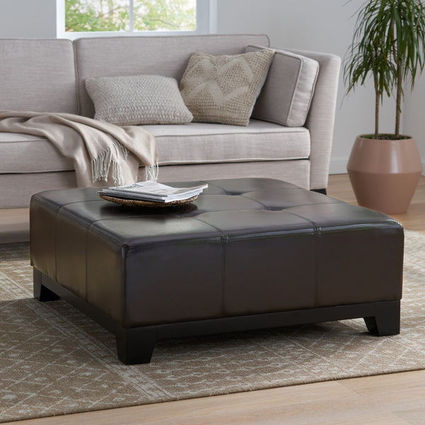 Gdf Studio Avalon Button Tufted Espresso Leather Square Ottoman Coffee Table