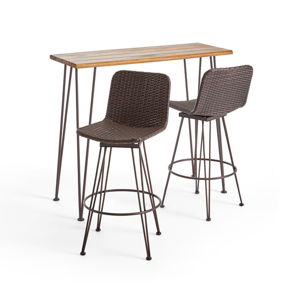 gdf studio Avy Outdoor Modern Industrial 3 Piece Acacia Wood Bar Set