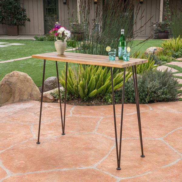 Gdf Studio Avy Outdoor Rustic Industrial Acacia Wood Bar Table With Metal Hairpin Legs Teak