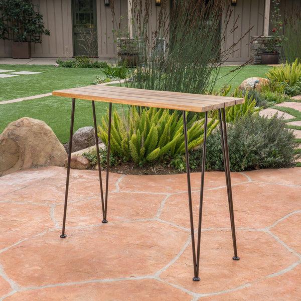Gdf Studio Avy Outdoor Rustic Industrial Acacia Wood Bar Table With Metal Hairpin Legs Teak
