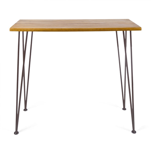 gdf studio Avy Outdoor Rustic Industrial Acacia Wood Bar Table with Metal Hairpin Legs Teak