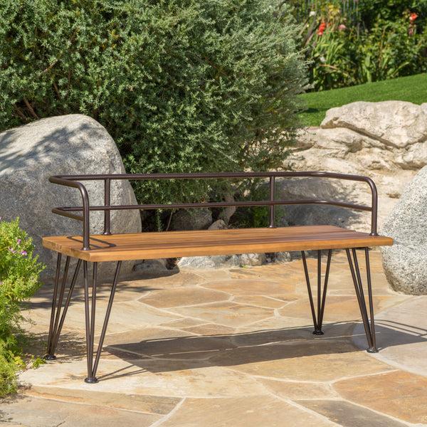 Gdf Studio Avy Outdoor Rustic Industrial Acacia Wood Bench With Metal Hairpin Legs Teak