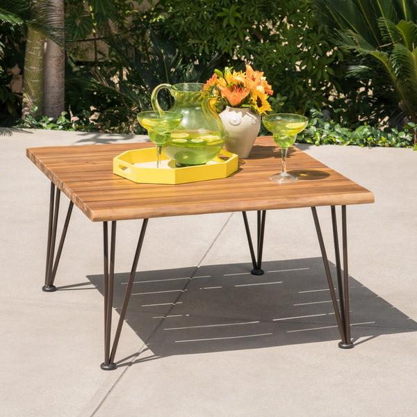 Gdf Studio Avy Outdoor Rustic Industrial Acacia Wood Coffee Table With Metal Hairpin Legs Teak