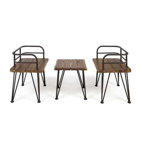 gdf studio Avy Outdoor Rustic Industrial Acacia Wood End Table Chat with Metal Hairpin Legs Teak