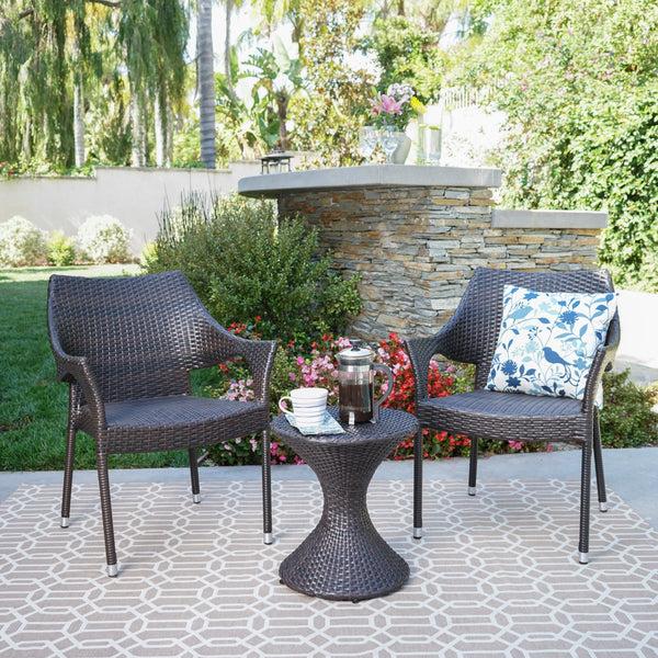Gdf Studio Axelrod Outdoor 3 Piece Multi-Brown Wicker Chat Set With Stacking Chairs