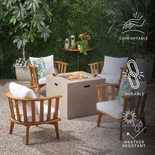 Gdf Studio Ayla Outdoor Acacia Wood 4 Seater Club Chairs And Fire Pit Set