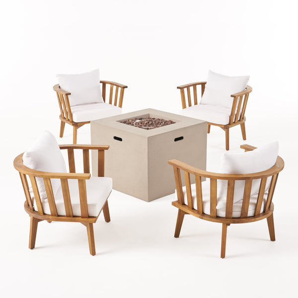 gdf studio Ayla Outdoor Acacia Wood 4 Seater Club Chairs and Fire Pit Set