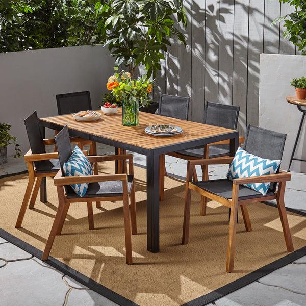 Gdf Studio Aymee Outdoor 6-Seater Rectangular Acacia Wood And Mesh Dining Set