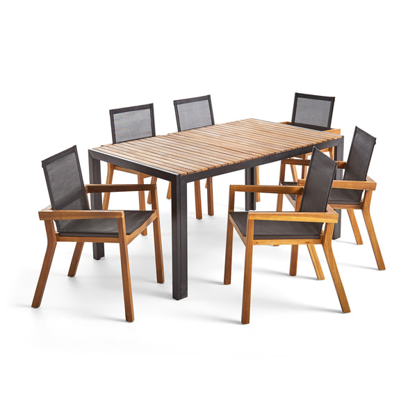gdf studio Aymee Outdoor 6-Seater Rectangular Acacia Wood and Mesh Dining Set