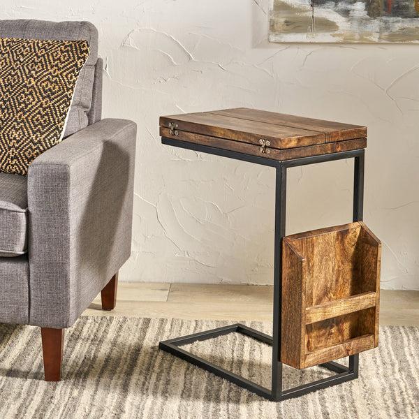 Gdf Studio Ayzen Modern Industrial Mango Wood Adjustable C-Shaped End Table With Magazine Rack