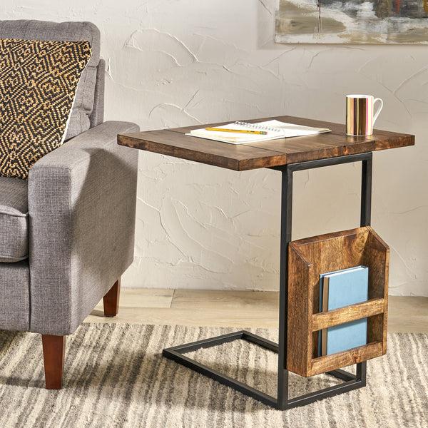 Gdf Studio Ayzen Modern Industrial Mango Wood Adjustable C-Shaped End Table With Magazine Rack