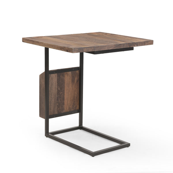 gdf studio Ayzen Modern Industrial Mango Wood Adjustable C-Shaped End Table with Magazine Rack