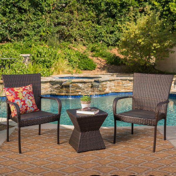 Gdf Studio Bakerville Outdoor 3 Piece Multi-Brown Wicker Chat Set With Stacking Chairs