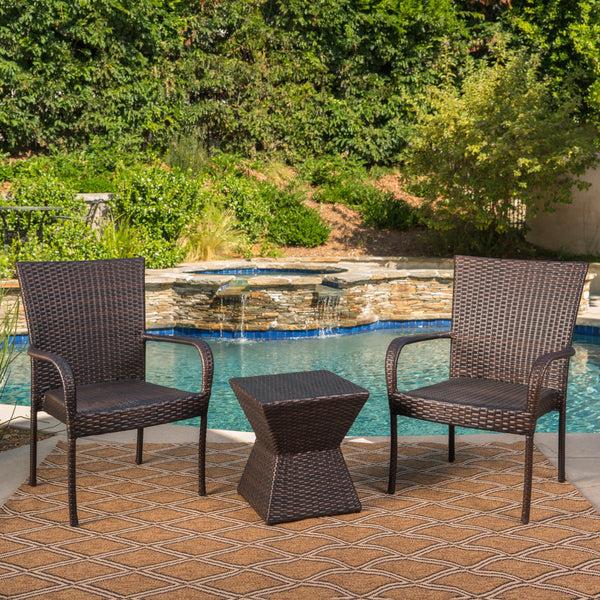 Gdf Studio Bakerville Outdoor 3 Piece Multi-Brown Wicker Chat Set With Stacking Chairs