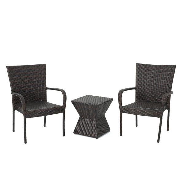 gdf studio Bakerville Outdoor 3 Piece Multi-Brown Wicker Chat Set with Stacking Chairs