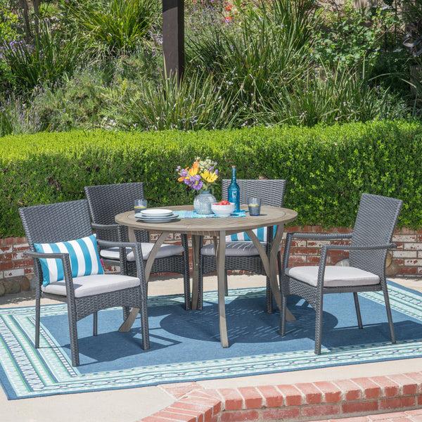 Gdf Studio Baldry Outdoor 5 Piece Acacia Wood And Wicker Dining Set