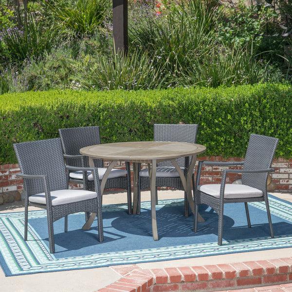 Gdf Studio Baldry Outdoor 5 Piece Acacia Wood And Wicker Dining Set