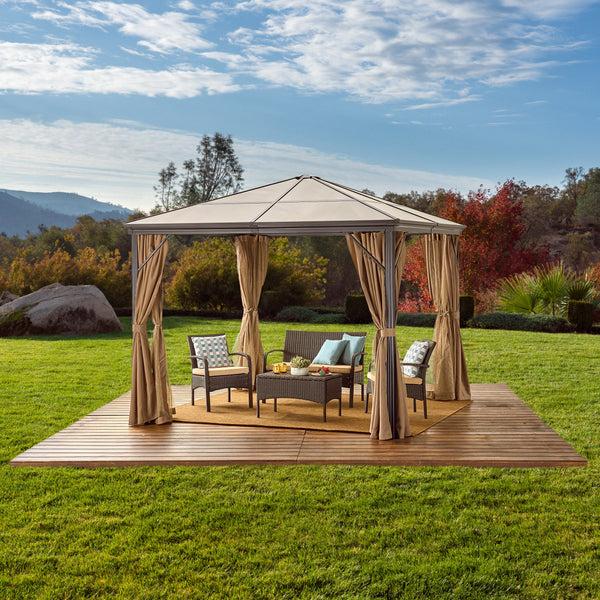 Gdf Studio Bali Outdoor 10 X 10 Foot Aluminum Framed Hardtop Gazebo With Curtains